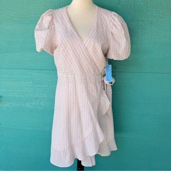 DRAPER JAMES PUFF SLEEVE WRAP DRESS PINK GREEN STRIPES SEERSUCKER SIZE LARGE NWT - Picture 1 of 8
